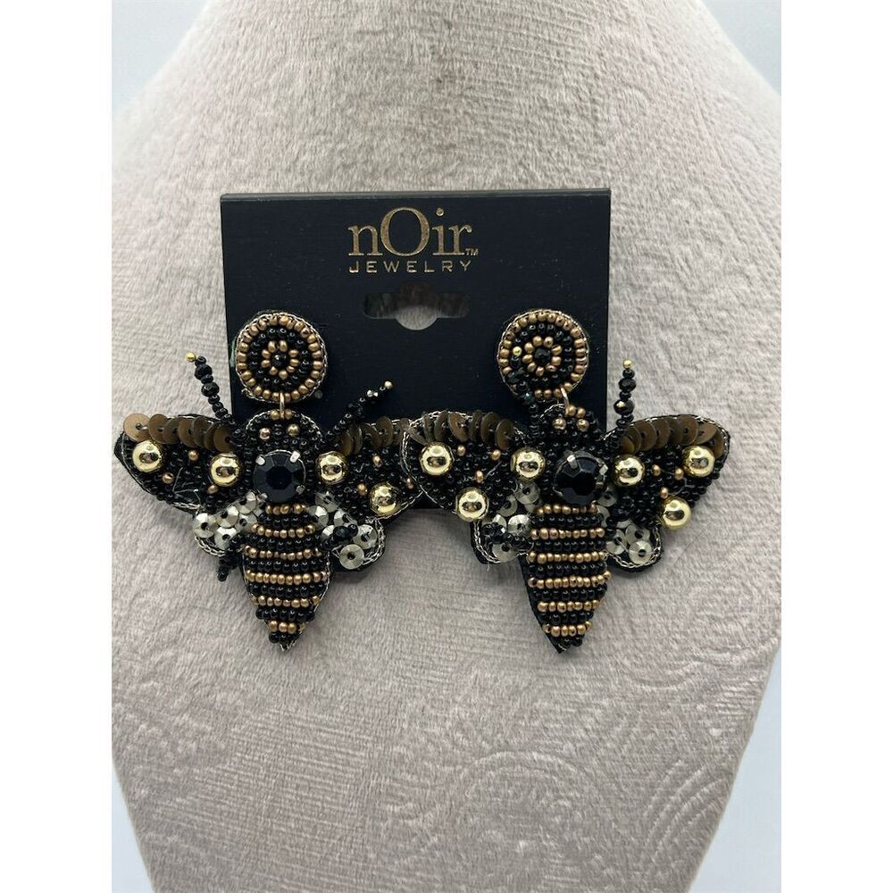 nOir Jewelry Queen Bee Seed Bead Earrings Black & Gold Wire Back O10